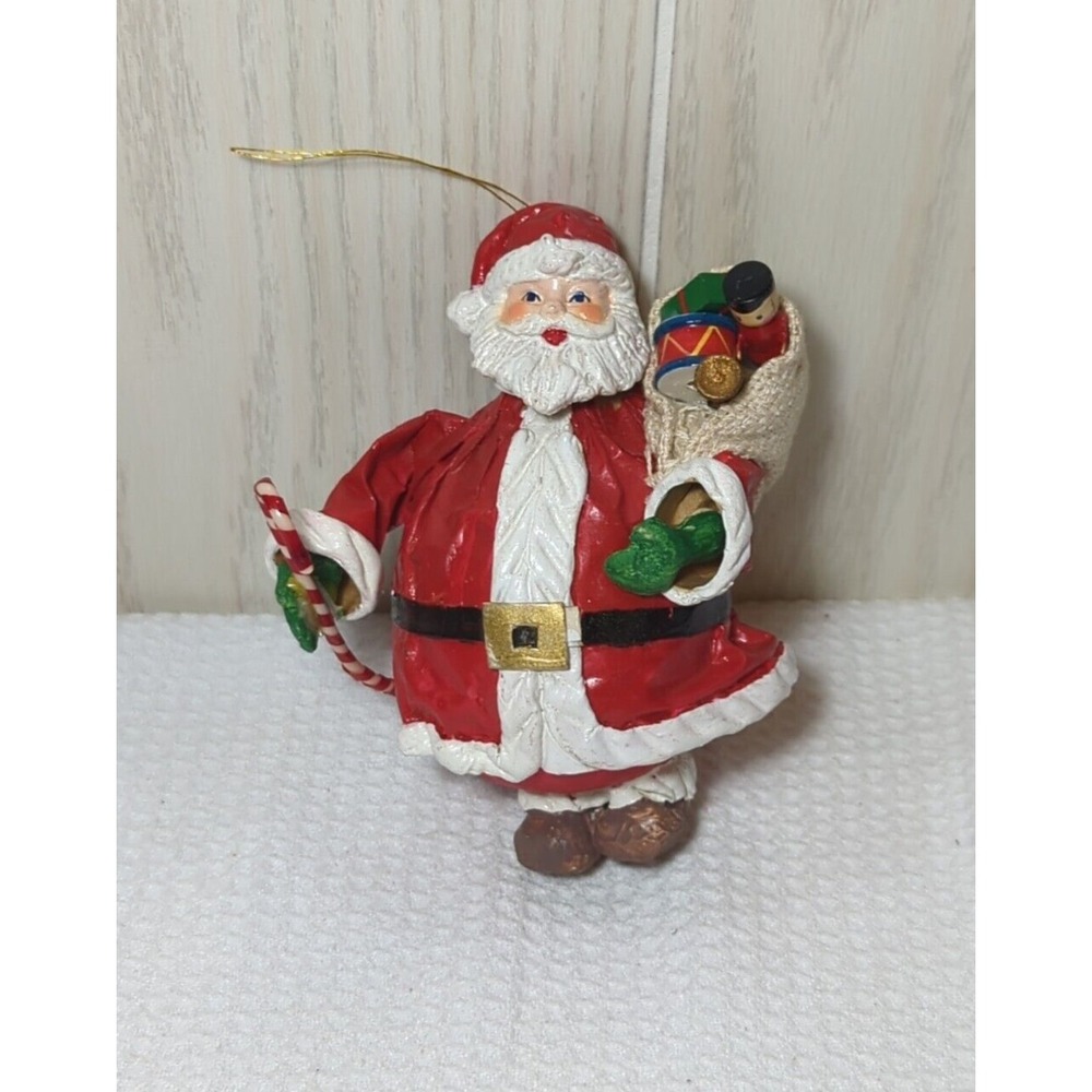 Santa Claus vintage Paper mache Christmas Tree Ornament burlap sack wood toys